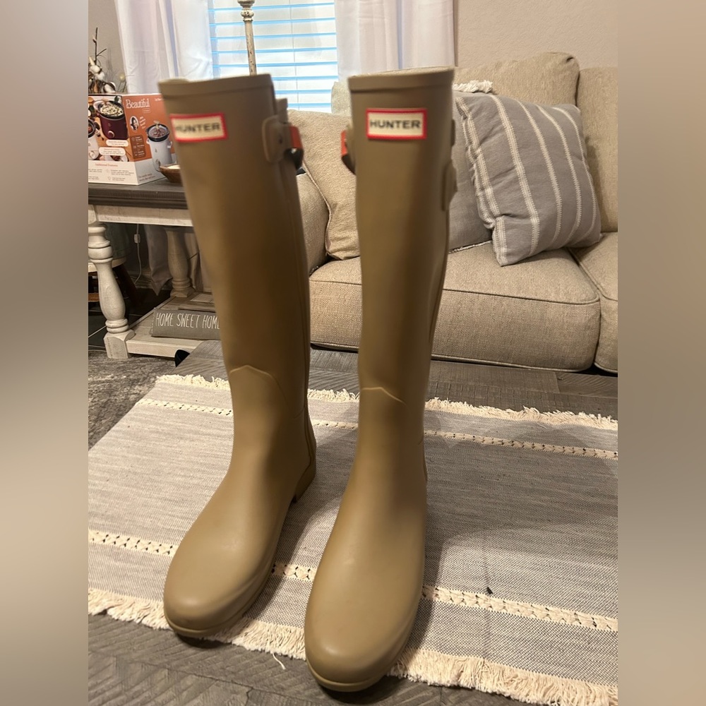 Tan light brown and coral tall hunter rain boots